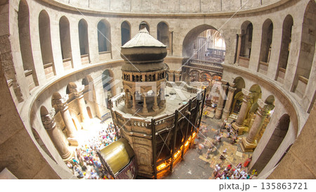 Aerial inside view of the Church of the Holy Sepulcher timelapse. Aerial inside view of the Church of the Holy Sepulcher timelapse. 135863721