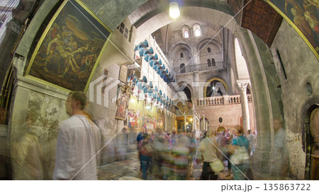Stone of Anointing in the Church of the Holy Sepulcher timelapse hyperlapse. 135863722