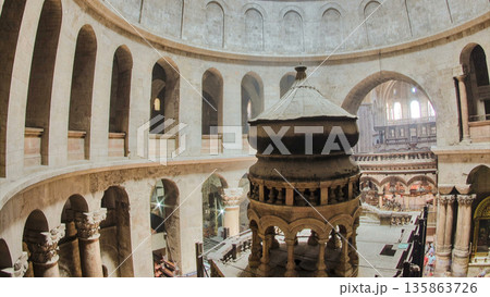 The Holy Sepulchre Church inside from top in Jerusalem timelapse. 135863726