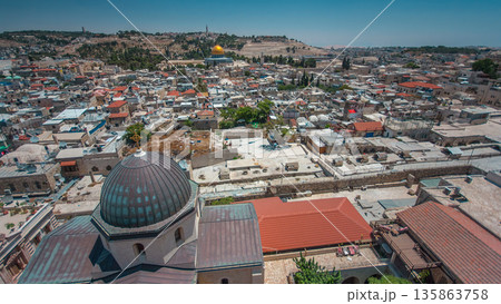 Panorama overlooking the Old city of Jerusalem timelapse, Israel, including the Dome of the Rock Panorama overlooking the Old city of Jerusalem timelapse, Israel, including the Dome of the Rock 135863758