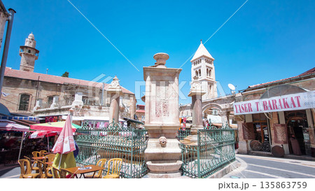 Fountain in the old town timelapse hyperlapse. Old city of Jerusalem from top. Fountain in the old town timelapse hyperlapse. Old city of Jerusalem from top. 135863759