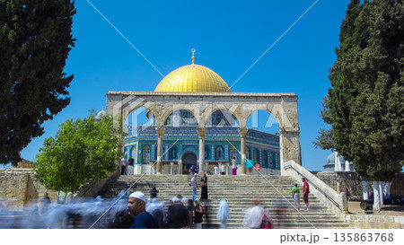 Dome of the Rock timelapse hyperlapse, a Muslim holy site atop the Temple Mount in Jerusalem, Israel. 135863768