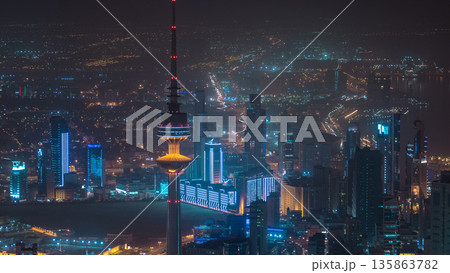Top view of The Liberation Tower timelapse in Kuwait City illuminated at night. Kuwait, Middle East 135863782
