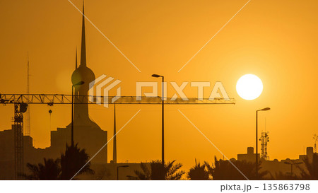 Sunrise with Kuwait Towers timelapse - the best known landmark of Kuwait City. Kuwait, Middle East 135863798