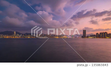 Hong Kong day to night, view from Kowloon bay downtown timelapse Hong Kong day to night, view from Kowloon bay downtown timelapse 135863843
