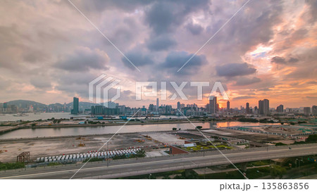 Top view of sunset in Hong Kong from kowloon bay downtown timelapse 135863856