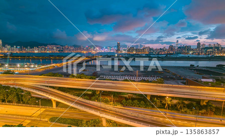 Hong Kong day to night, aerial view from kowloon bay downtown timelapse 135863857