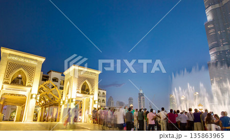 Bridge and fountains with Burj Khalifa day to night transition, Dubai, Emirates timelapse Bridge and fountains with Burj Khalifa day to night transition, Dubai, Emirates timelapse 135863965