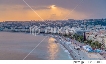 Sunset over Nice city and Mediterranean Sea aerial timelapse Sunset over Nice city and Mediterranean Sea aerial timelapse 135864005