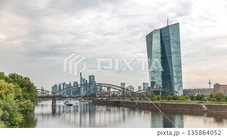 Hyperlapse of Frankfurt skyline featuring the modern ECB headquarters skyscraper. Frankfurt am Main, Germany 135864052