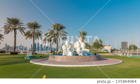 View of the water pots fountain landmark timelapse hyperlapse on the Corniche in Doha View of the water pots fountain landmark timelapse hyperlapse on the Corniche in Doha 135864064