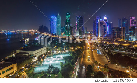 The skyline of the West Bay area from top in Doha timelapse, Qatar. 135864077