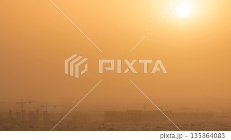 Aerial view of Aspire Zone from at sunrise timelapse in Doha 135864083