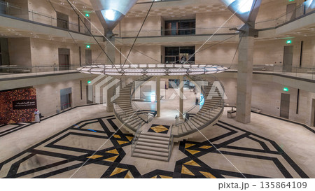 Inside view of the iconic Museum of Islamic Art building timelapse hyperlapse. 135864109