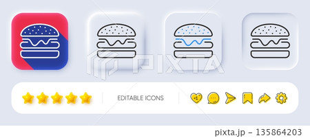 Burger line icon. Neumorphic, Flat shadow, 3d buttons. Fast food sign. Hamburger sandwich symbol. Line burger icon. Social media icons. Vector Burger line icon. Neumorphic, Flat shadow, 3d buttons. Fast food sign. Hamburger sandwich symbol. Line burger icon. Social media icons. Vector 135864203