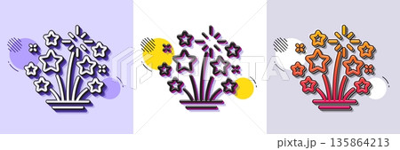 Fireworks stars line icon. Halftone dotted pattern. Gradient icon with grain shadow. Pyrotechnic salute sign. Carnival celebration lights symbol. Line fireworks stars icon. Various designs. Vector 135864213