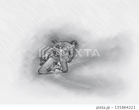 バイクレースのスケッチ風イラスト コーナリングするライダーの鉛筆画 バイクレースのスケッチ風イラスト コーナリングするライダーの鉛筆画 135864221