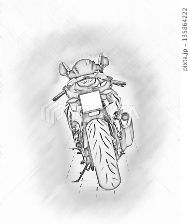 バイクの鉛筆画風スケッチ　モノクロのオートバイのイラスト素材 135864222