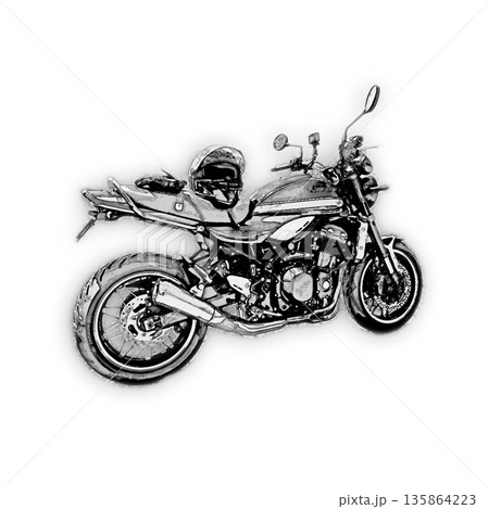 バイクの鉛筆画風スケッチ　モノクロのオートバイのイラスト素材 135864223