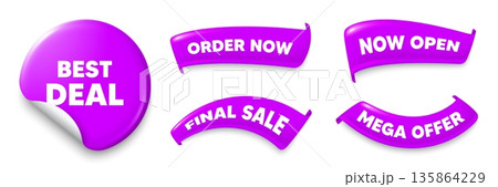 Best deal purple sticker, Sale offer ribbons. Final sale, Order now. Best deal tag. Special offer Sale sign. Advertising Discounts symbol. Sticker badge. Flag ribbon banners. Vector Best deal purple sticker, Sale offer ribbons. Final sale, Order now. Best deal tag. Special offer Sale sign. Advertising Discounts symbol. Sticker badge. Flag ribbon banners. Vector 135864229