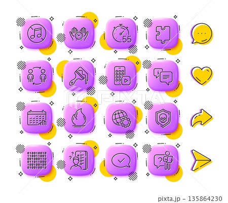 Brush, Workflow and Fire energy line icons. App 3d buttons. Social media comment, share, like icons. Pack of Puzzle, Binary code, Calendar graph icon. Phone app, No music, Safe time pictogram. Vector Brush, Workflow and Fire energy line icons. App 3d buttons. Social media comment, share, like icons. Pack of Puzzle, Binary code, Calendar graph icon. Phone app, No music, Safe time pictogram. Vector 135864230