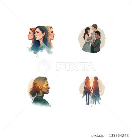 Watercolor illustrations depicting diverse women, symbolizing unity, friendship, and empowerment. Ideal for social themes and art projects. 135864248