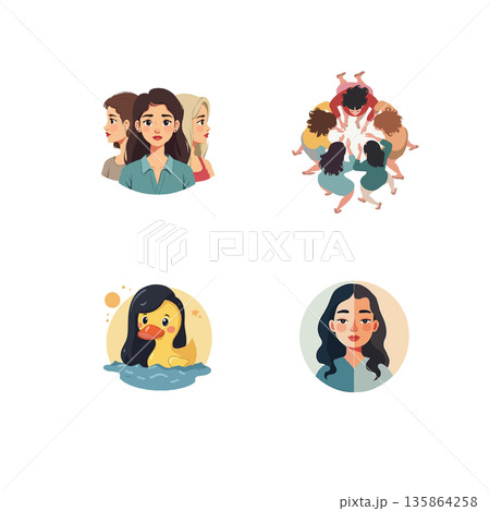 Collection of vector illustrations featuring diverse women, teamwork, and a whimsical duck character. Suitable for various creative projects. Collection of vector illustrations featuring diverse women, teamwork, and a whimsical duck character. Suitable for various creative projects. 135864258