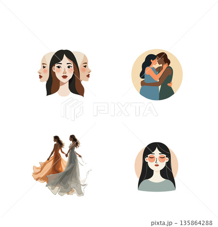 Collection of diverse women portraits and lesbian couples in flat vector style. Symbolizes love, equality, and female empowerment. 135864288