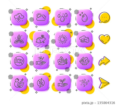 Sunny weather, Sun and Rainy weather line icons. App 3d buttons. Social media comment, share, like icons. Pack of Green energy, Salad, Animal tested icon. Vector Sunny weather, Sun and Rainy weather line icons. App 3d buttons. Social media comment, share, like icons. Pack of Green energy, Salad, Animal tested icon. Vector 135864316