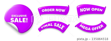 Exclusive sale purple sticker, Sale offer ribbons. Final sale, Order now. Exclusive Sale tag. Special offer price sign. Advertising Discounts symbol. Sticker badge. Flag ribbon banners. Vector Exclusive sale purple sticker, Sale offer ribbons. Final sale, Order now. Exclusive Sale tag. Special offer price sign. Advertising Discounts symbol. Sticker badge. Flag ribbon banners. Vector 135864318