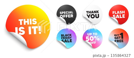 This is it sticker tag. Special offer paper price tags. This is it tag. Special offer sign. Super promotion symbol. Discount, black friday sticker. Promo banner. Vector This is it sticker tag. Special offer paper price tags. This is it tag. Special offer sign. Super promotion symbol. Discount, black friday sticker. Promo banner. Vector 135864327