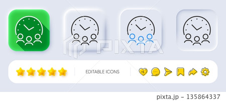Meeting time line icon. Neumorphic, Flat shadow, 3d buttons. Business teamwork sign. Working hours symbol. Line meeting time icon. Social media icons. Vector Meeting time line icon. Neumorphic, Flat shadow, 3d buttons. Business teamwork sign. Working hours symbol. Line meeting time icon. Social media icons. Vector 135864337
