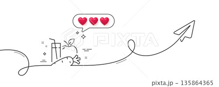 Juice line icon. Continuous line with share plane. Fresh apple and carrot drink sign. Fruit beverage symbol. Hearts rate review in speech bubble. Juice single line ribbon. Loop curve pattern. Vector Juice line icon. Continuous line with share plane. Fresh apple and carrot drink sign. Fruit beverage symbol. Hearts rate review in speech bubble. Juice single line ribbon. Loop curve pattern. Vector 135864365