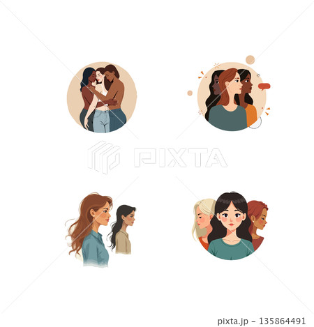 Set of vector illustrations showing diverse women. Concept of female empowerment, friendship and sisterhood. Flat design. 135864491