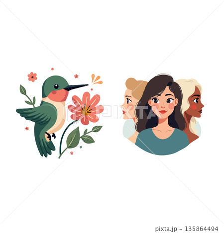 Vector illustration featuring a hummingbird with flowers and a group of diverse women. Perfect for nature and diversity themes. 135864494