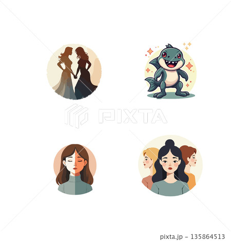 Collection of vector illustrations featuring diverse groups, including couples, women, and a cute shark character. 135864513
