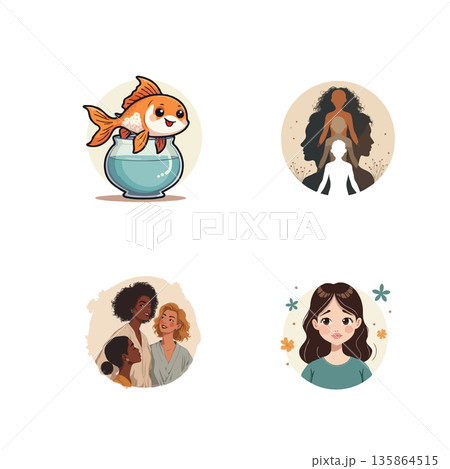 Collection of cute cartoon icons featuring diverse women and a goldfish in a bowl, perfect for various creative projects. Collection of cute cartoon icons featuring diverse women and a goldfish in a bowl, perfect for various creative projects. 135864515
