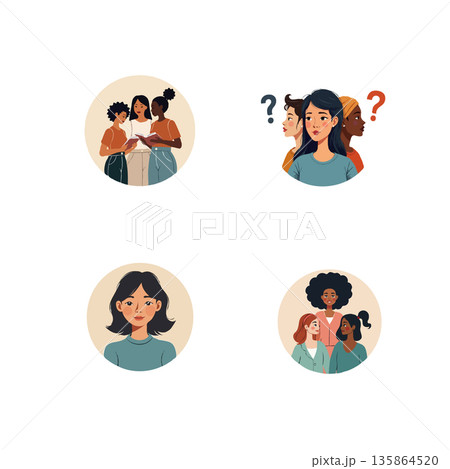 Collection of vector illustrations featuring diverse women in various group and individual portraits. Flat design style, inclusive representation. 135864520