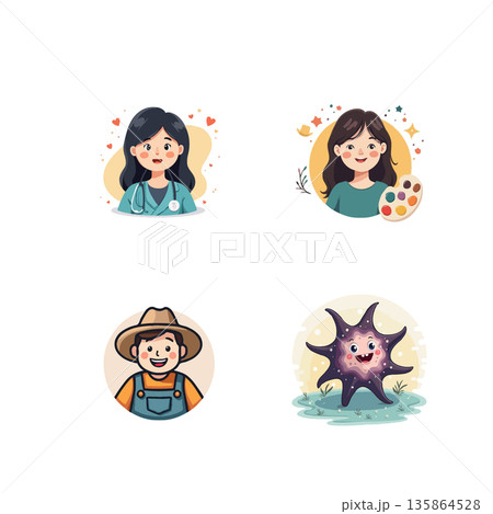 Collection of cartoon characters representing various professions, including doctor, artist, farmer, and scientist. Vector illustration. 135864528