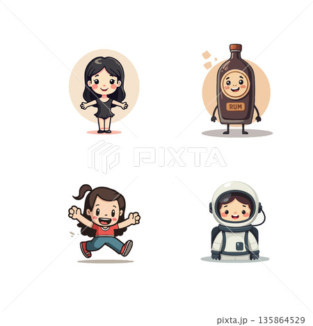 Collection of adorable cartoon characters including a girl, rum bottle, jumping girl, and astronaut girl in vector format. Collection of adorable cartoon characters including a girl, rum bottle, jumping girl, and astronaut girl in vector format. 135864529