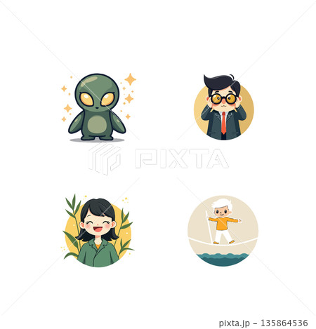 Collection of cartoon characters including an alien, business person, woman with plants, and tightrope walker. Collection of cartoon characters including an alien, business person, woman with plants, and tightrope walker. 135864536