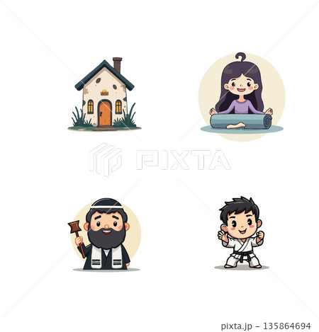 Collection of adorable cartoon characters depicting various hobbies and professions, perfect for educational materials or illustrations. Collection of adorable cartoon characters depicting various hobbies and professions, perfect for educational materials or illustrations. 135864694