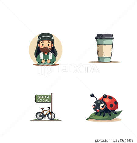 A charming set of pixel art illustrations promoting local business, featuring a shopkeeper, coffee, a bicycle sign, and a ladybug. 135864695