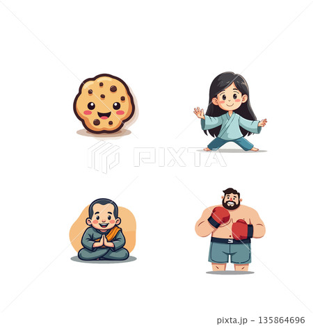 Adorable cartoon characters set featuring a cookie, girl, monk, and boxer. Perfect for kids' content and playful designs. Adorable cartoon characters set featuring a cookie, girl, monk, and boxer. Perfect for kids' content and playful designs. 135864696