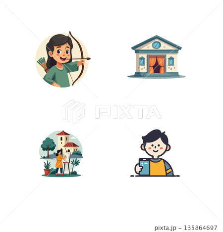 A collection of cartoon illustrations depicting a girl with a bow, a theater, an artist painting, and a boy with a phone. 135864697
