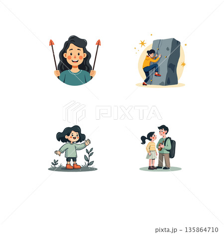 Cartoon illustrations of people enjoying outdoor activities like hiking, climbing, and exploring nature. Vector art. 135864710