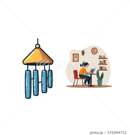 Illustration of a cozy study room with a woman reading and wind chimes. Peaceful and relaxing atmosphere. 135864712