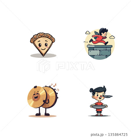 Collection of adorable cartoon characters depicting food items and people engaged in various activities. Perfect for children's illustrations. Collection of adorable cartoon characters depicting food items and people engaged in various activities. Perfect for children's illustrations. 135864725
