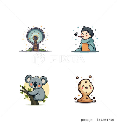 Collection of adorable kawaii style illustrations featuring a portal, a boy with a cold, a koala, and a melting cookie. Collection of adorable kawaii style illustrations featuring a portal, a boy with a cold, a koala, and a melting cookie. 135864736
