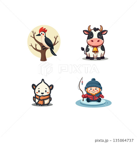 Charming collection of cartoon animals. Includes a woodpecker, cow, puppy, and fisherman, perfect for children's designs. Charming collection of cartoon animals. Includes a woodpecker, cow, puppy, and fisherman, perfect for children's designs. 135864737